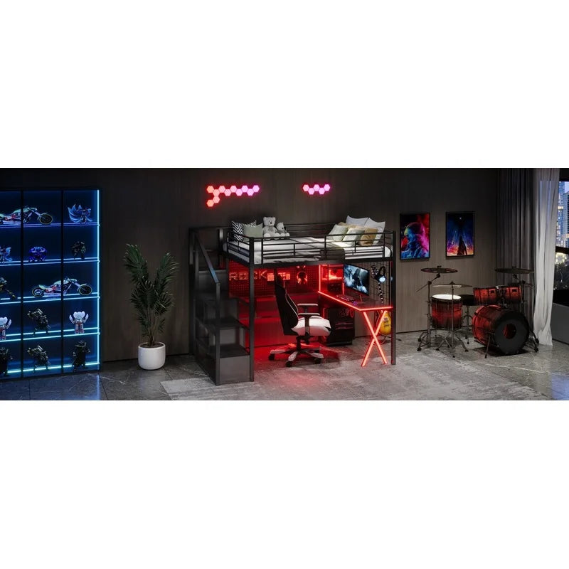 Black Metal Loft Bed with Desk, Wardrobe, Staircase Storage & LED Lighting