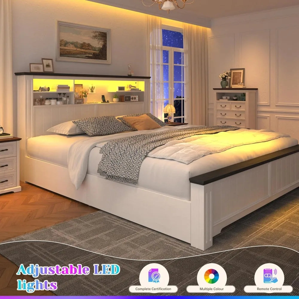 White Queen Bed Frame with Headboard and Storage, LED