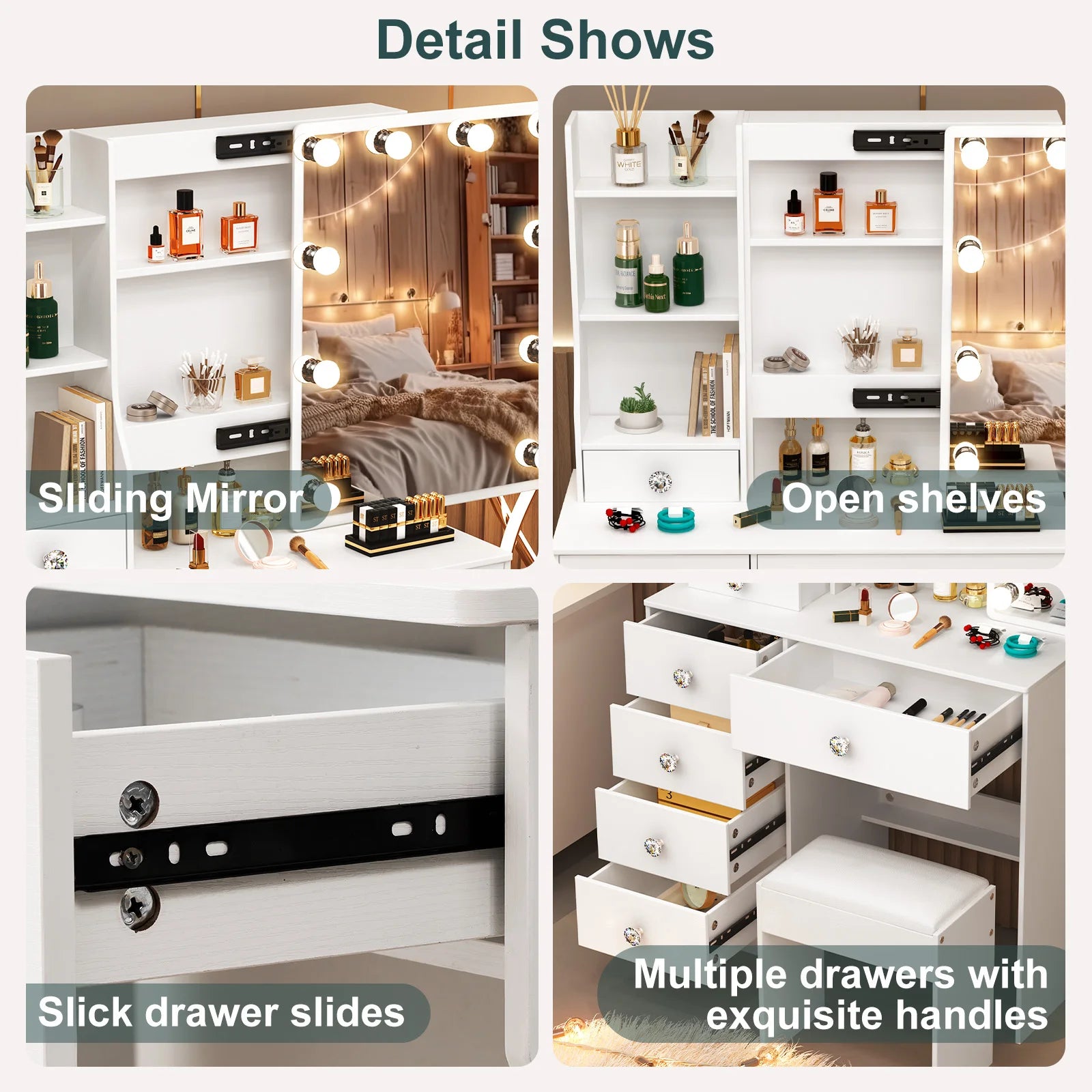 White LED Makeup Vanity Set with Sliding Mirror