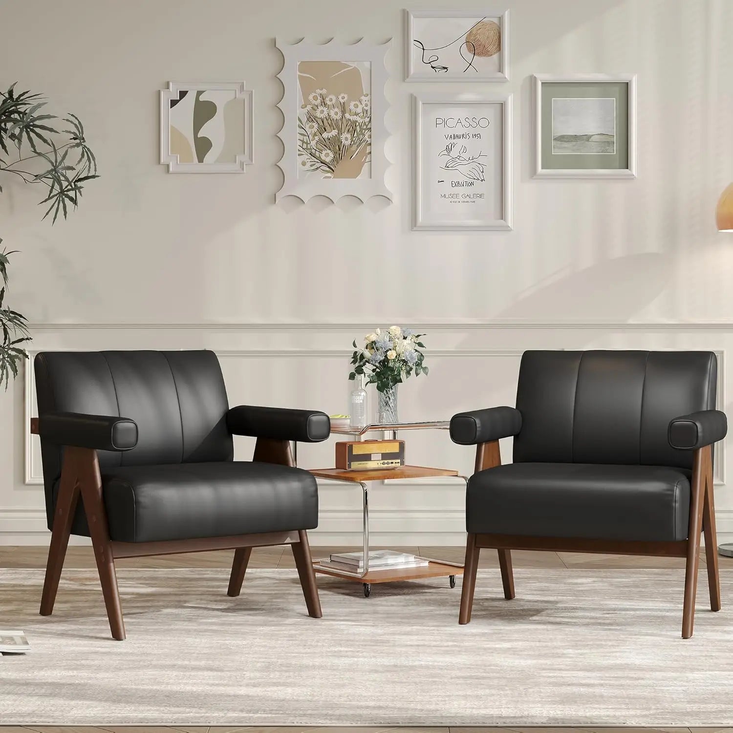 Mid Century Modern Black Leather Accent Chair Set Of 2 Comfy Reading Side Arm Chairs Wood Arms Living Room Bedroom,Customized