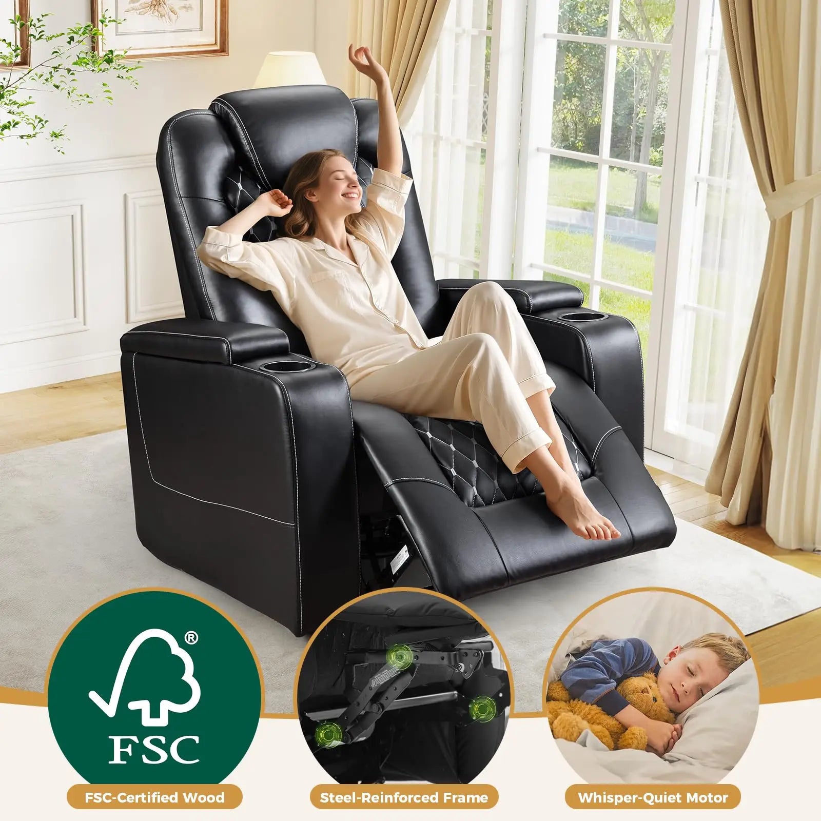 Electric Power Recliner Chair with USB Ports and Cup Holders