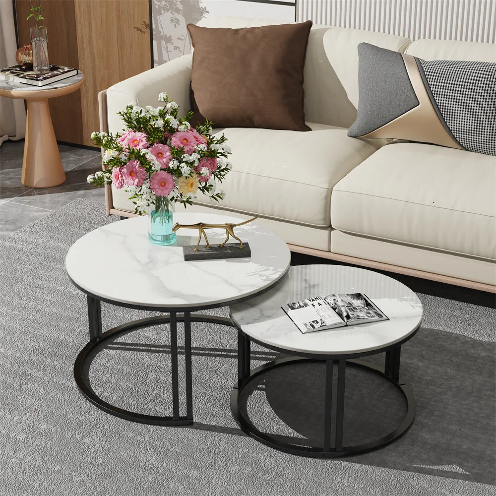 Small Living Room Table 2 Pack Round Marble Nesting