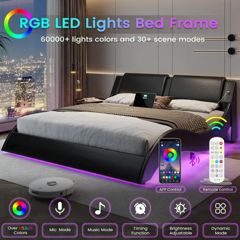 Queen Bed Frame with LED Lights and Charging Port for Imitation Leather Interior Bed