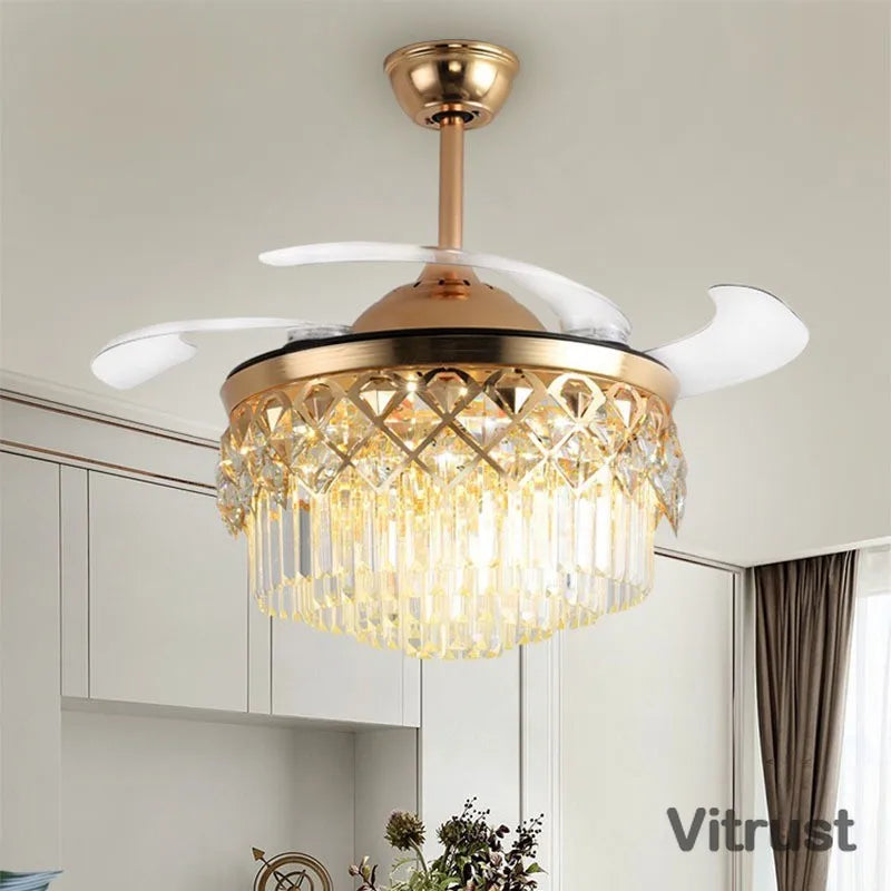 Crystal Dimmable 3 Color Retractable Ceiling Fan