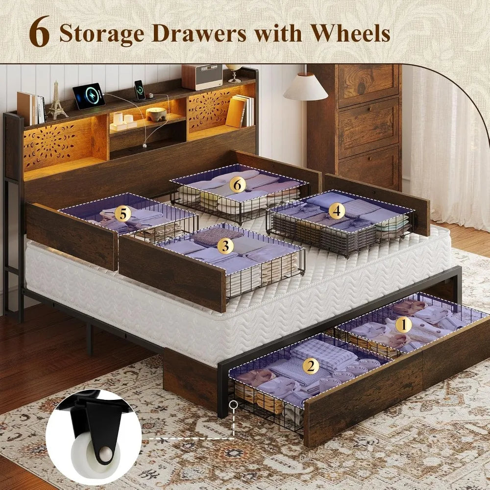 King Bed Frame with 6 Storage Drawers and Carving Headboard,