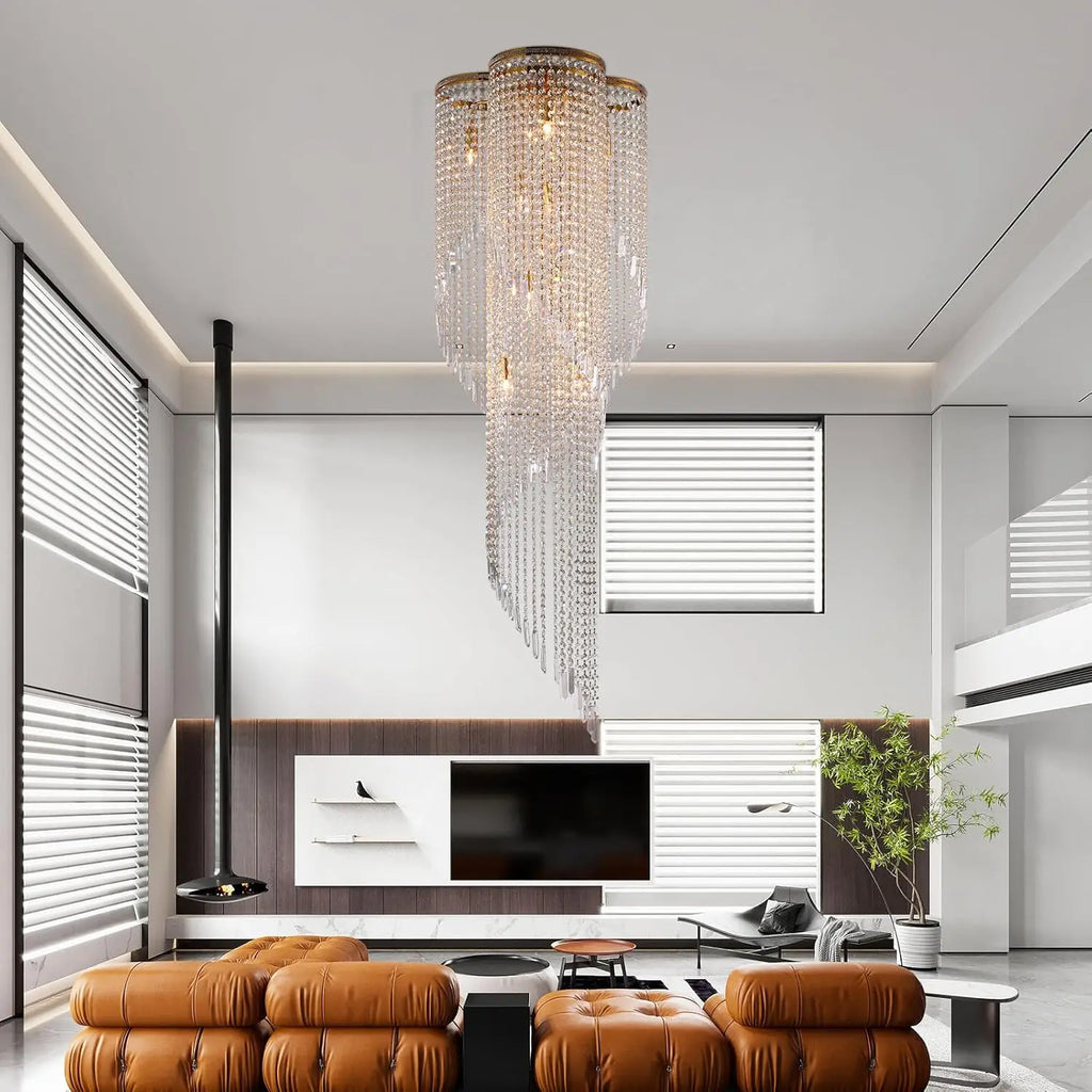 Large Spiral Crystal Beaded Chandelier for High Ceiling
