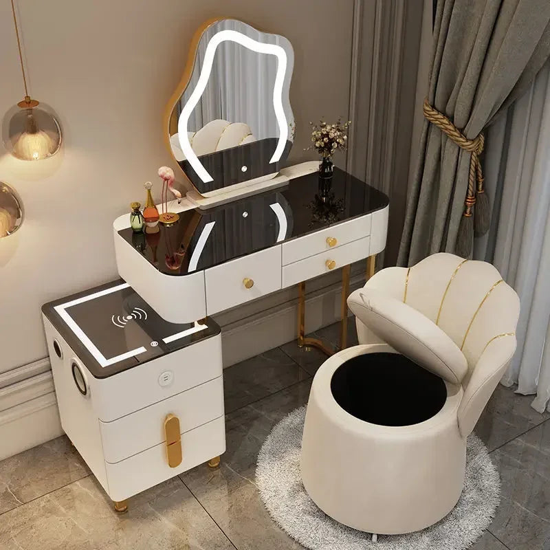 Nordic Glass Luxury Dressing Vanity Table with Smart Wireless Charging