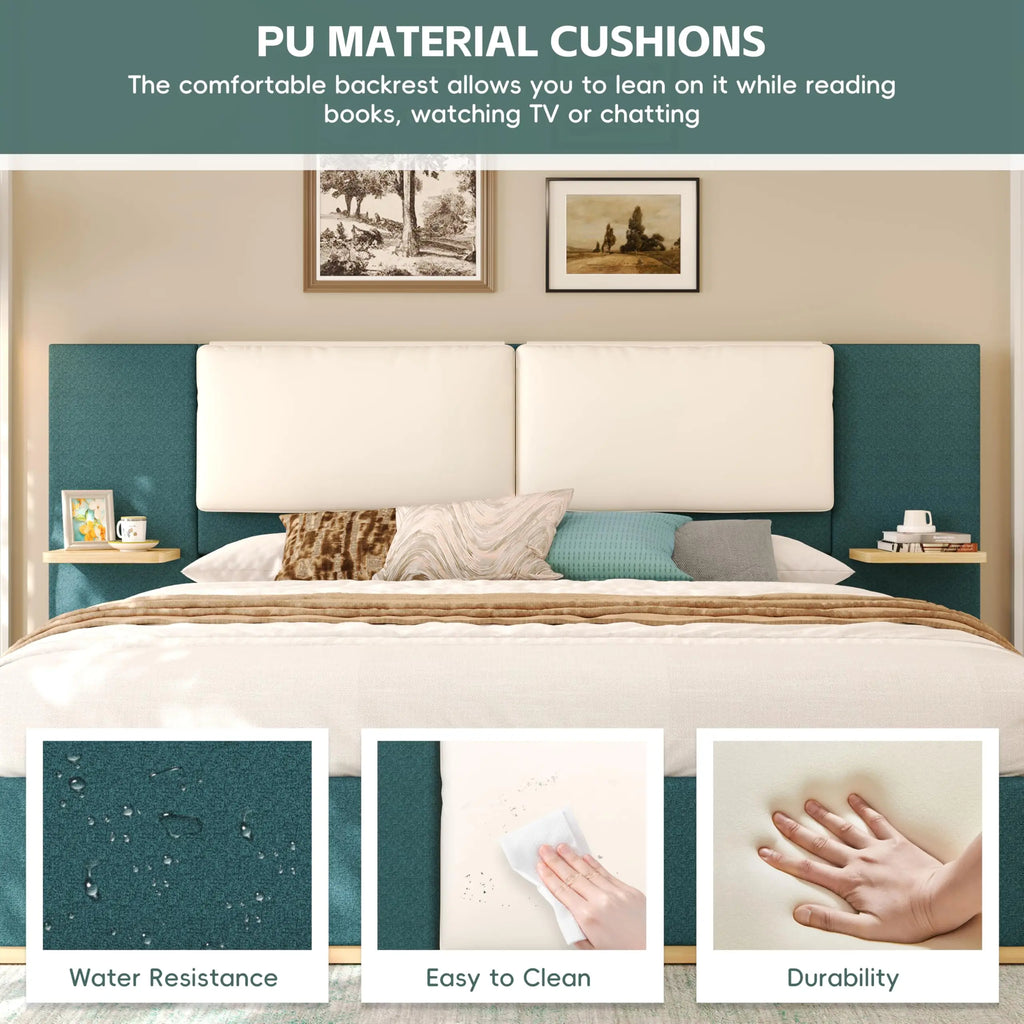 Queen Size Upholstered Bed Frame with integrated Shelves,Thick Headboard and Footboard,Wooden Structure Solid, Noise-Free,No B