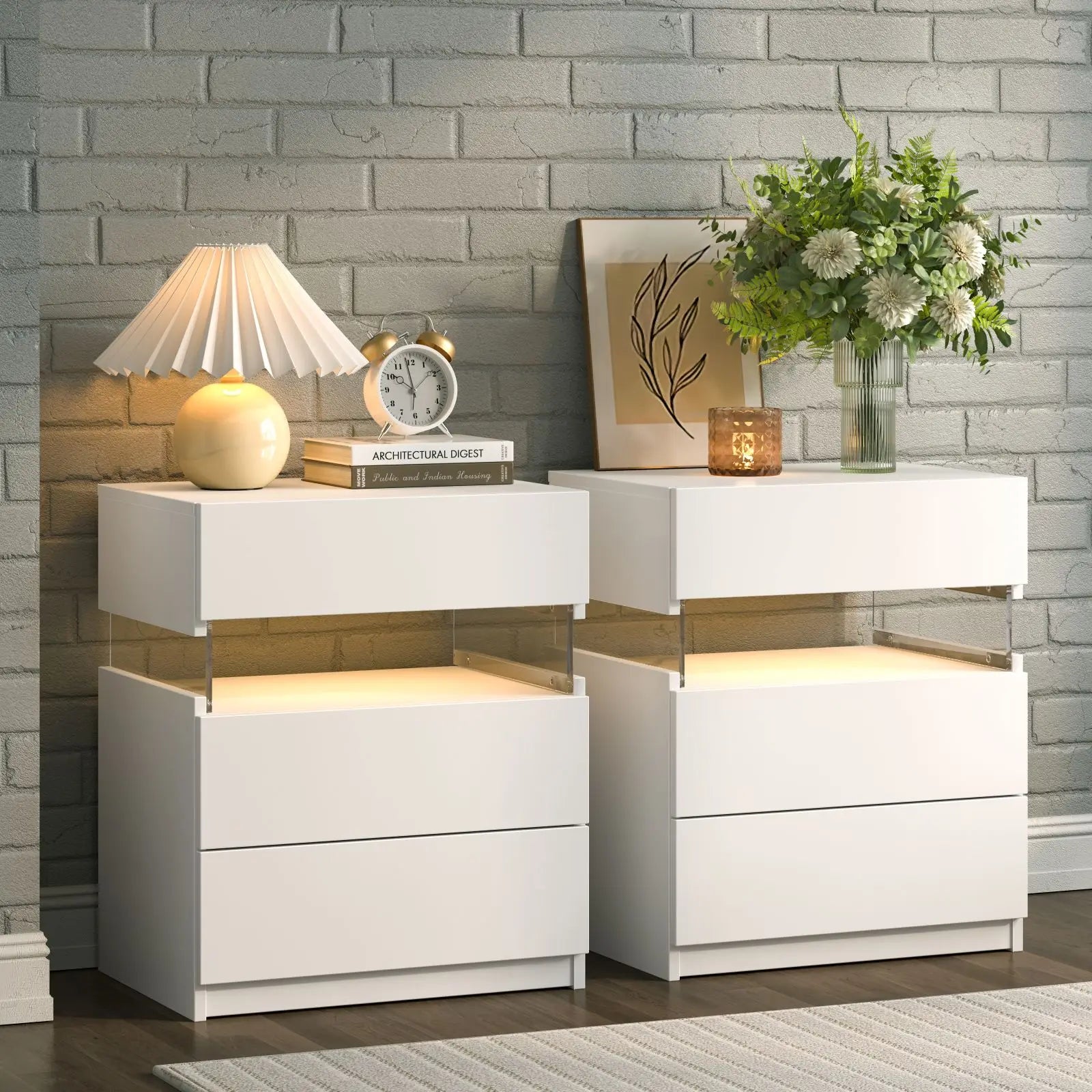 Bedside Tables with LED Lighting 3 Drawers
