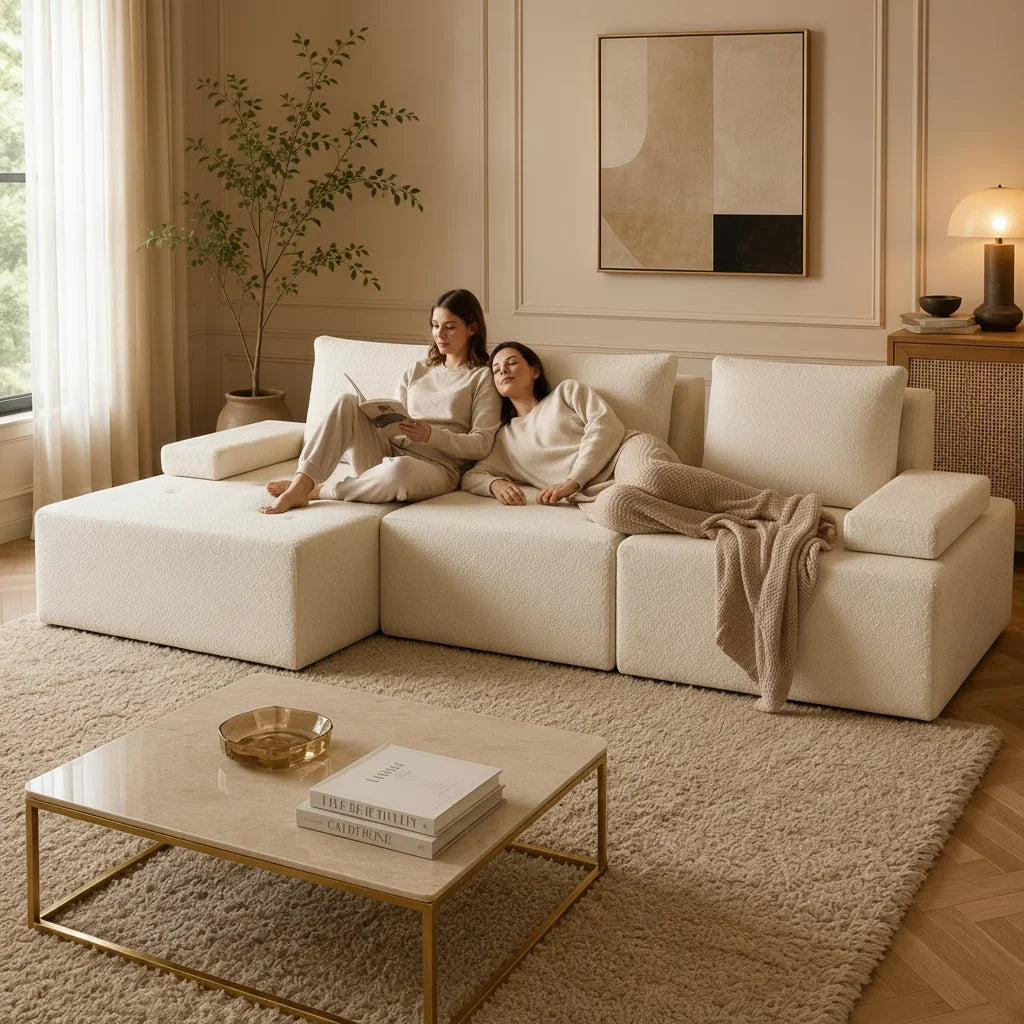 Modern L Shape Sectional Sofa Cream White Fabric Deep Seat Cloud