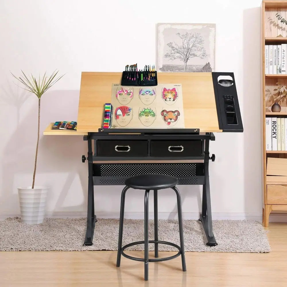 Adjustable Height Artist Desk with Storage Drawers and Stool