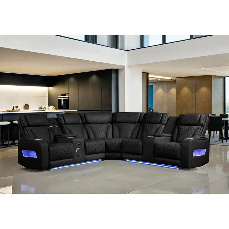 117" Black Leather Reclining Sectional Sofa with Power Headrest