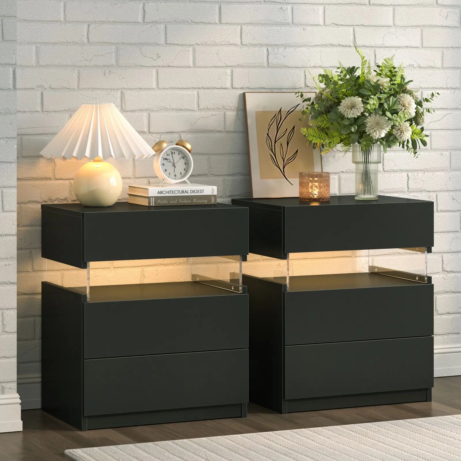 Bedside Tables with LED Lighting 3 Drawers