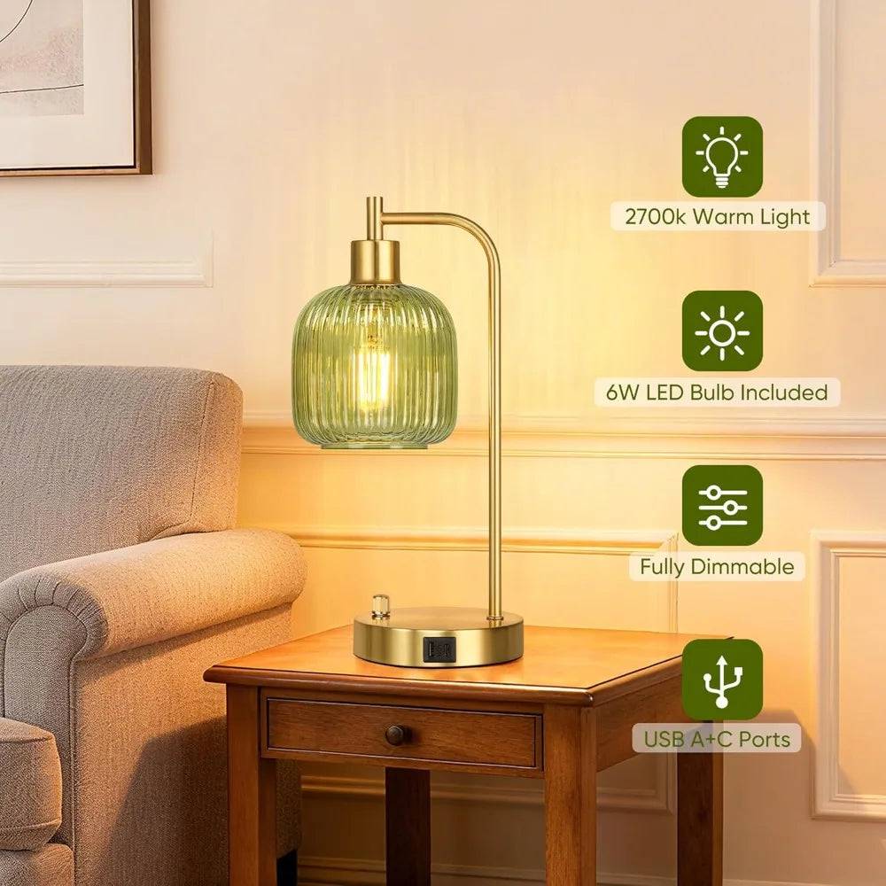 Industrial Table Lamp Set of 2, Green Glass