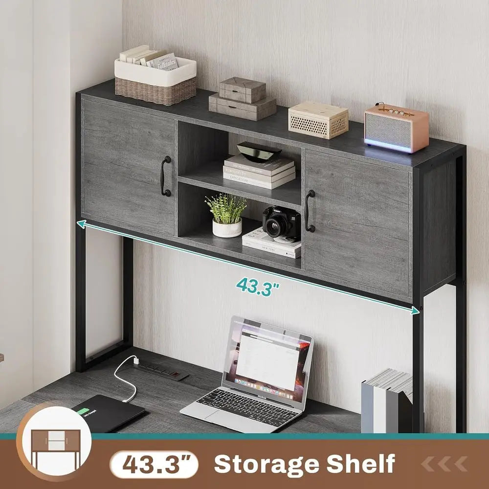 Grey L-Shaped Gaming Desk with Fabric Drawers, Power Outlet, LED Lights, Hutch