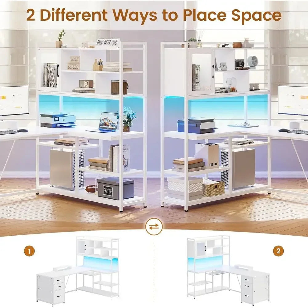 L-Shaped Desk with Storage, 3 Drawers, Bookshelf, LED Lighting
