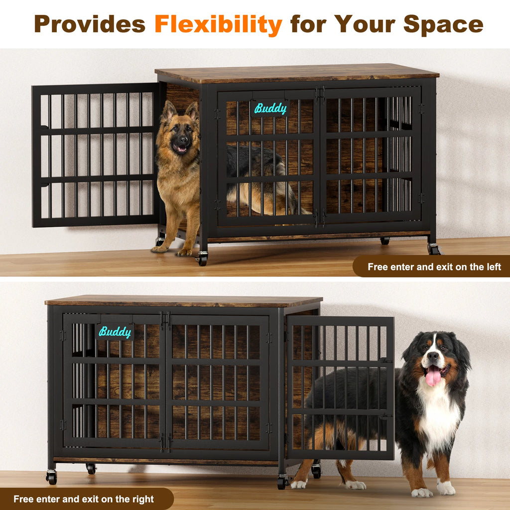 Dog Crate Furniture with Casters, Heavy Duty Dog Kennel