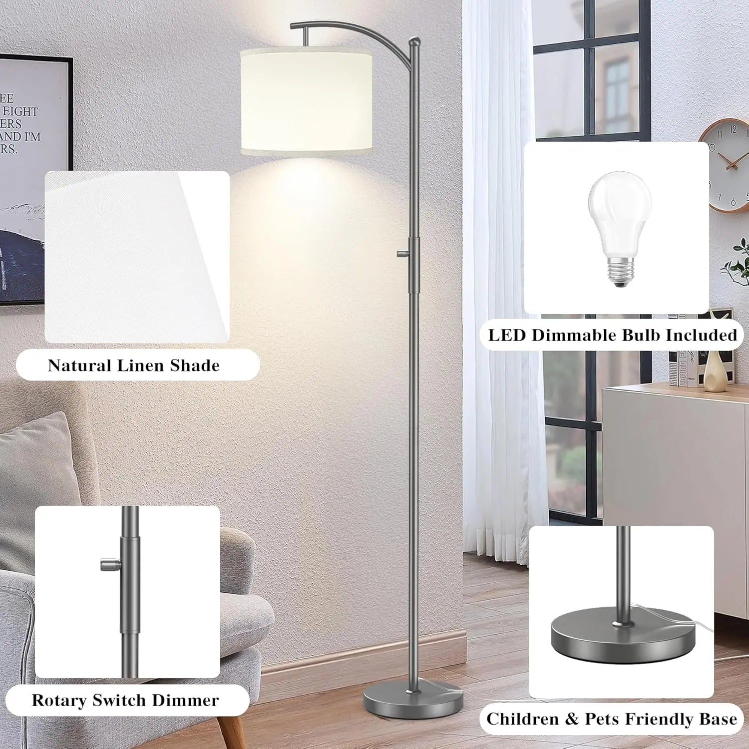Dimmable Arc Floor Lamp with Linen Shade