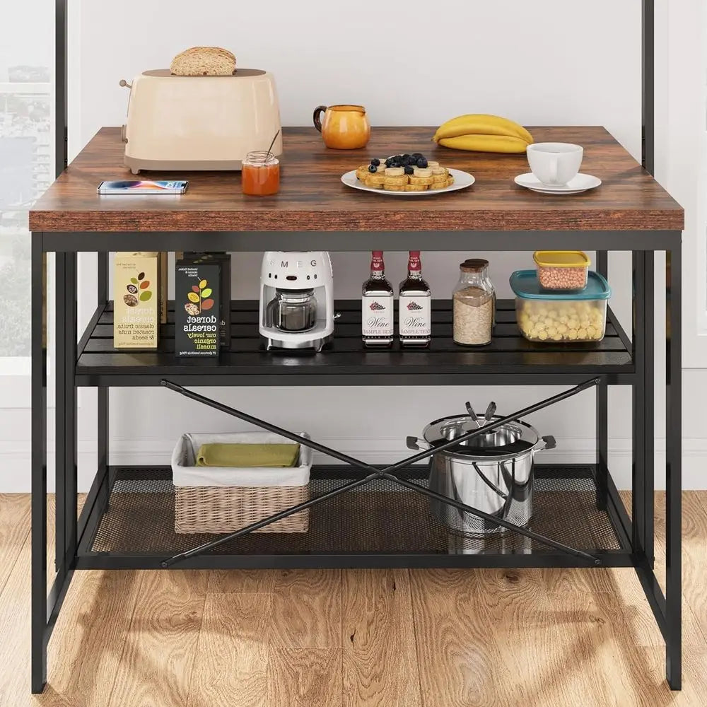42 Kitchen Island with Storage, Seating, and 3-Tier Baker's Rack for Dining and Living Spaces