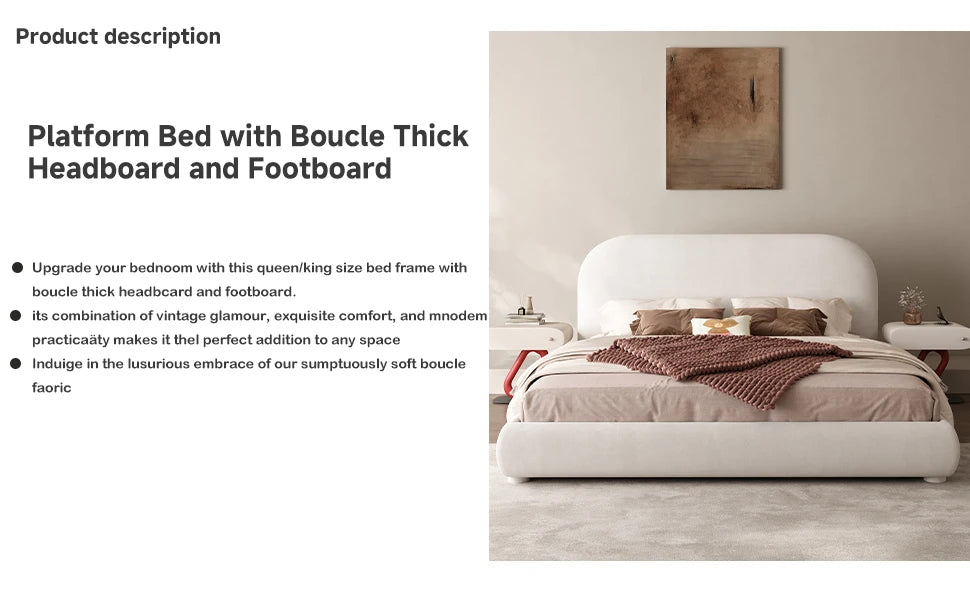 Queen Size Boucle Bed Frame, Upholstered Cloud Bed Frame with Headboard, Soft Platform Bed Frame with Thickened Footboard, Rounded Corners, No Box Spring Required