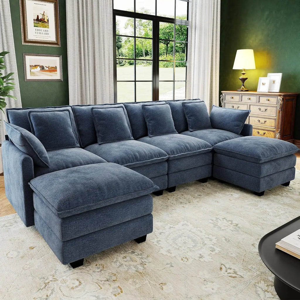U Shaped Modular Sectional Sofa Deep Seat 4 Seat with 6 Washable Pillows