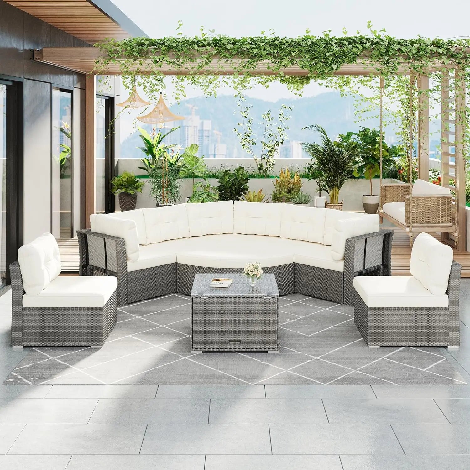 Acacia Wood Half-Moon Outdoor Sofa Set