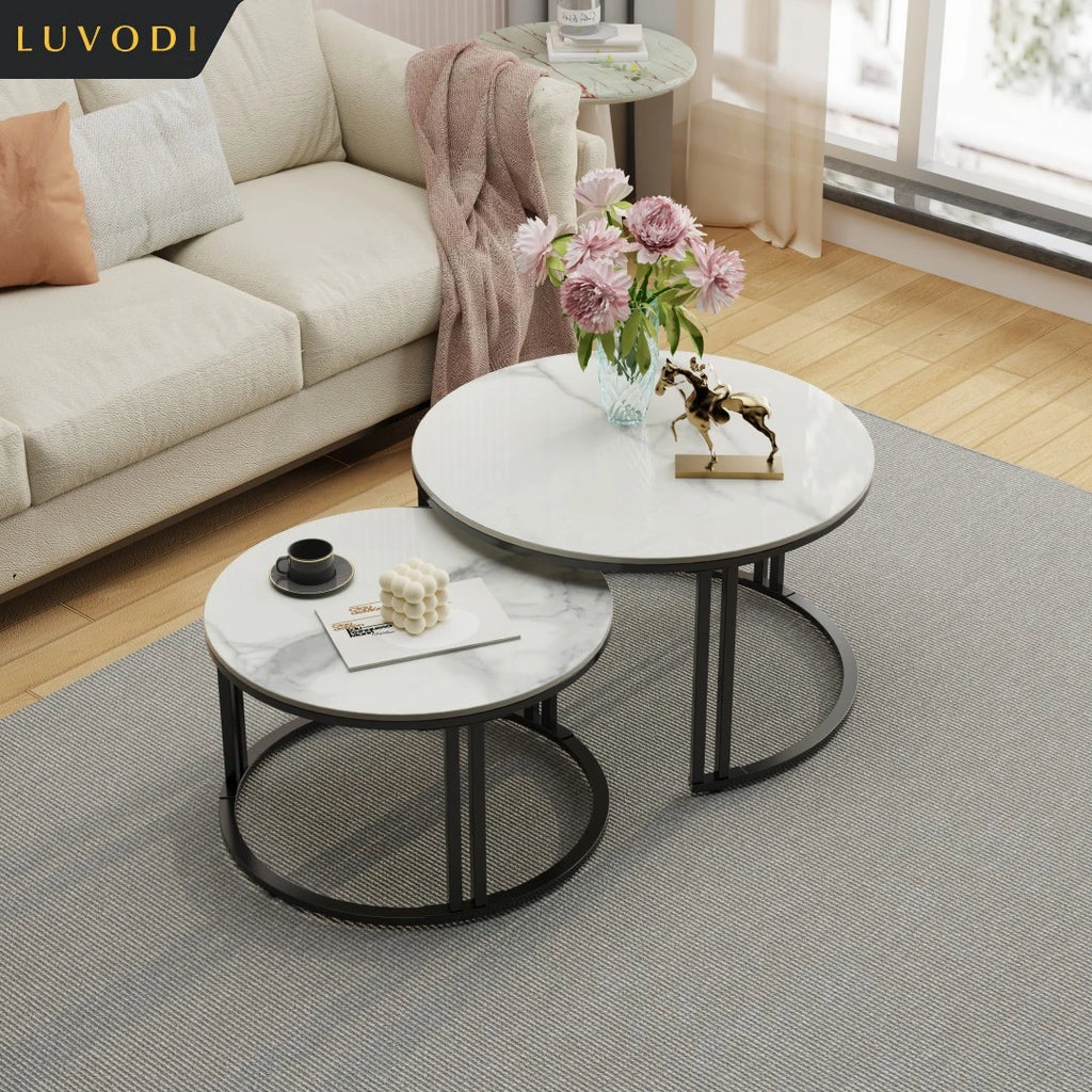Small Living Room Table 2 Pack Round Marble Nesting
