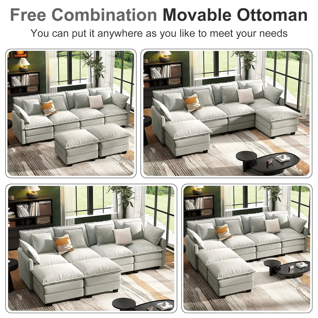 U Shaped Modular Sectional Sofa Deep Seat 4 Seat with 6 Washable Pillows