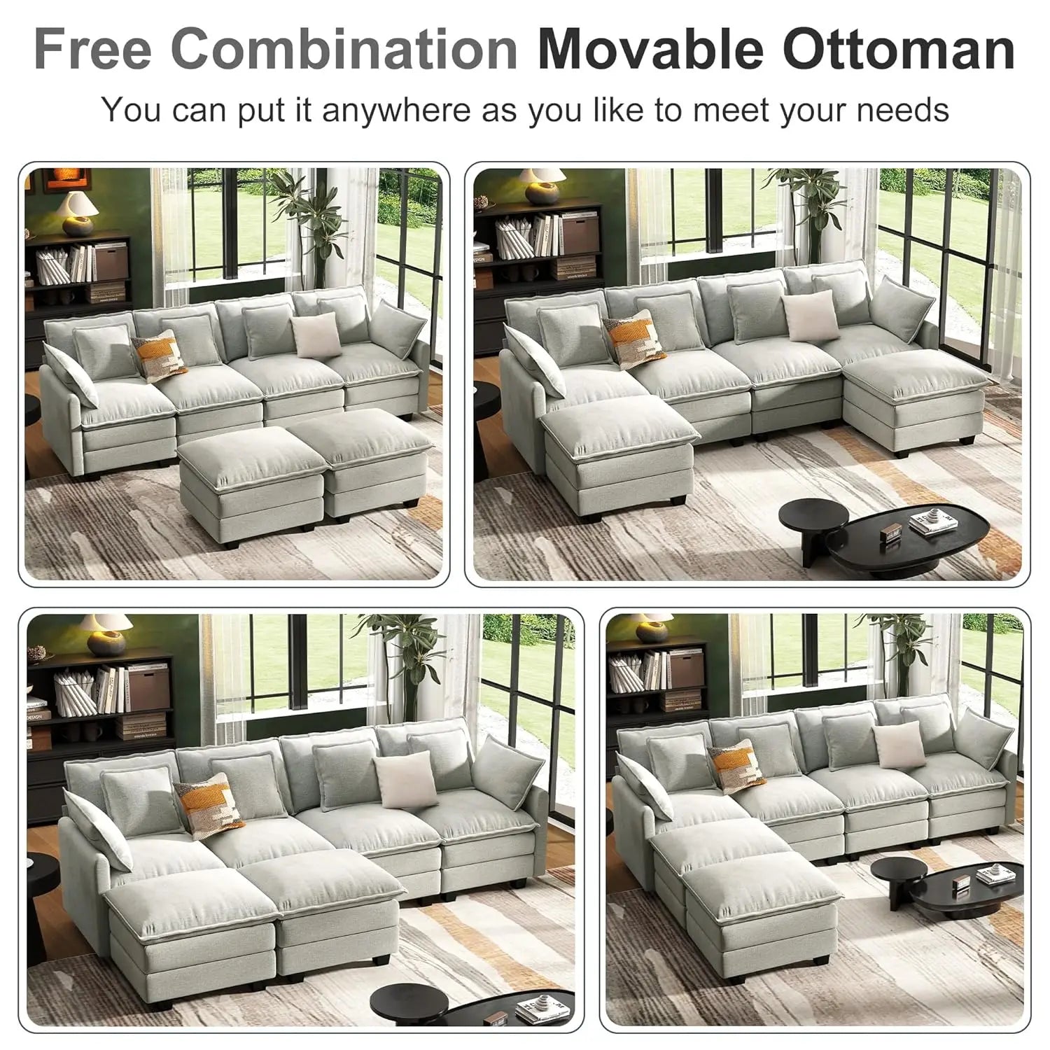 U Shaped Modular Sectional Sofa Deep Seat 4 Seat with 6 Washable Pillows