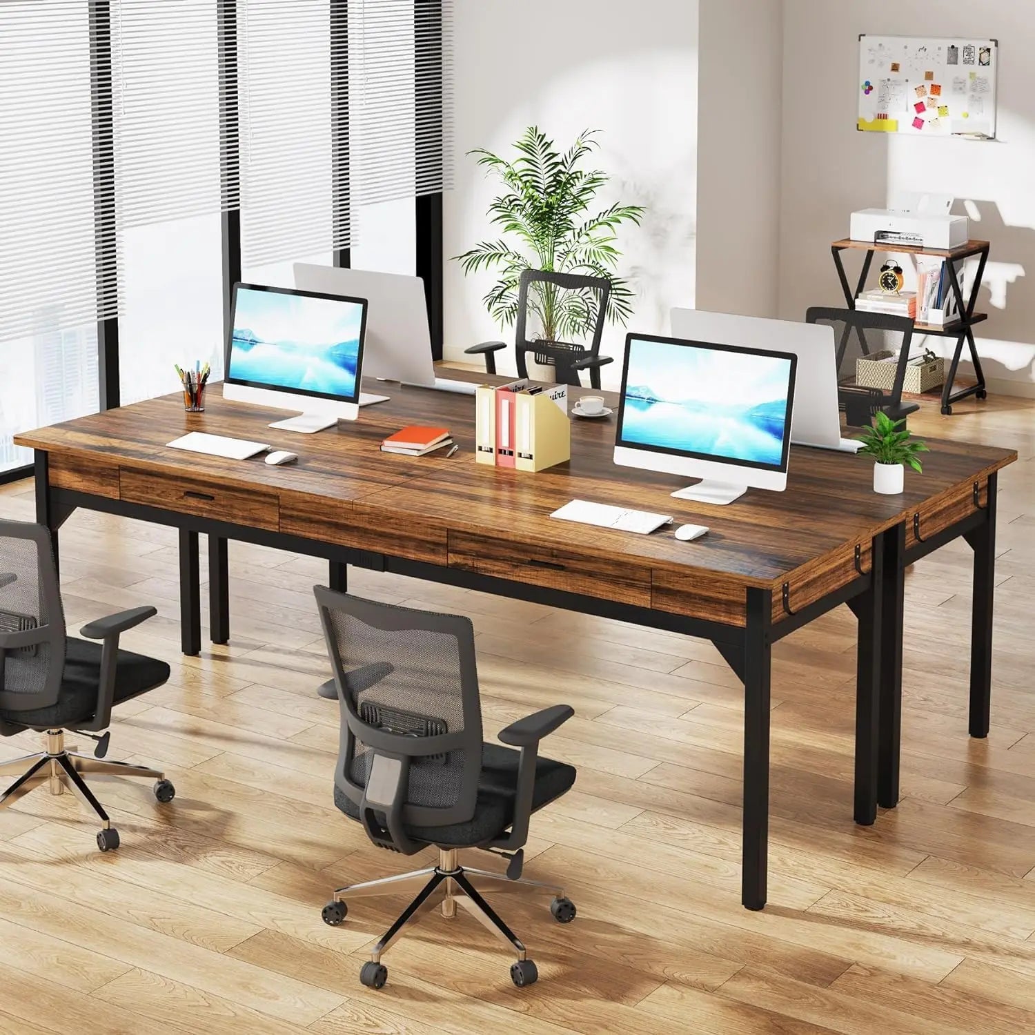 Computer Desk, Double Long Desk with 2 Drawers