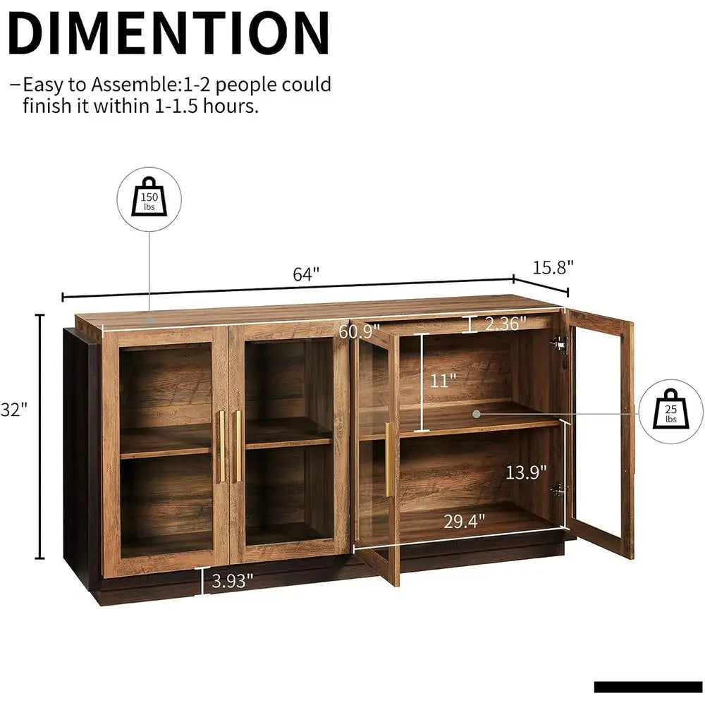 64"  Barnwood Brown Glass-Door Sideboard