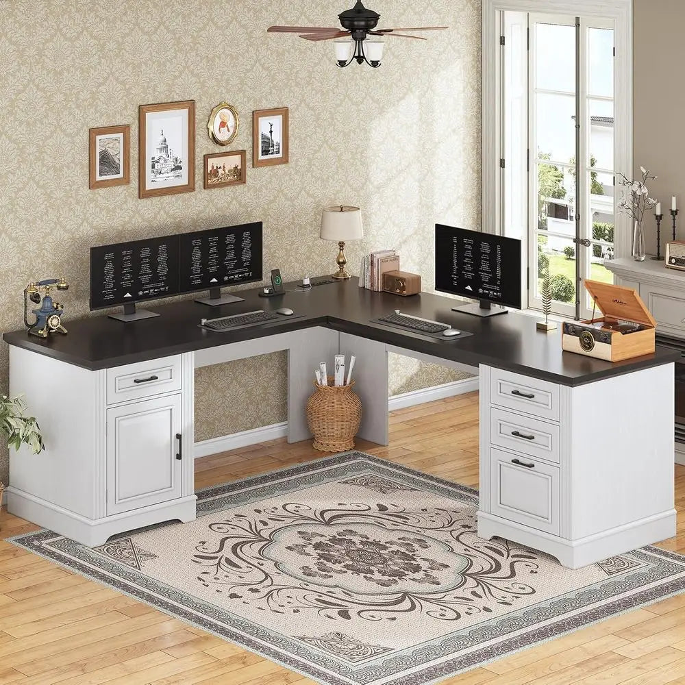 L-Shaped Desk with Drawers, Storage Cabinet, and Power Outlet,