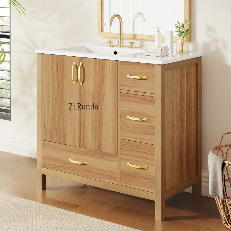 Wood Bathroom Vanity with Solid Wood Frame, 2 Soft Close Doors, 4Soft Close Drawers,