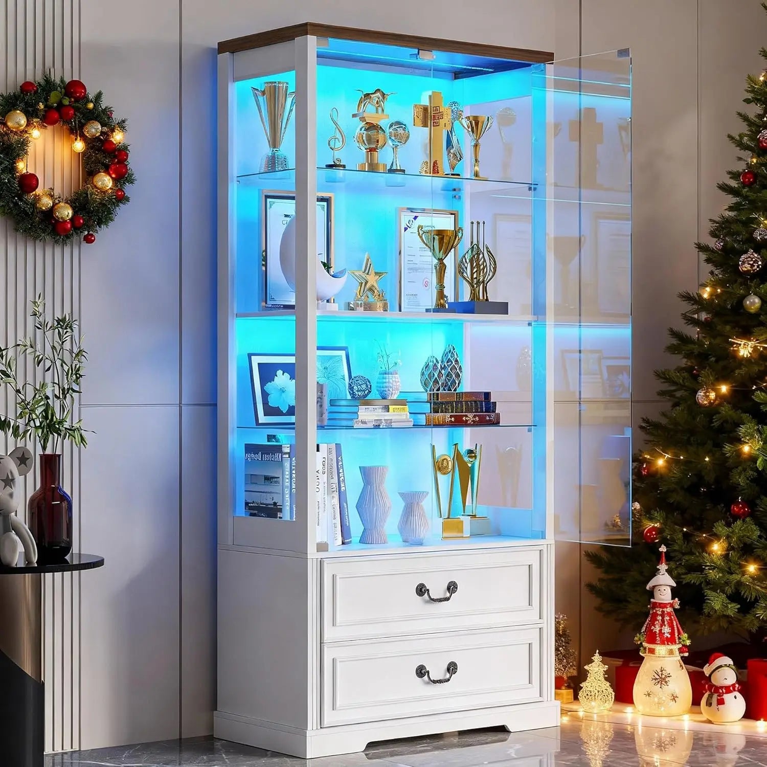 RGB Glass Display Cabinet with Door, 4-Tier Curio Cabinet