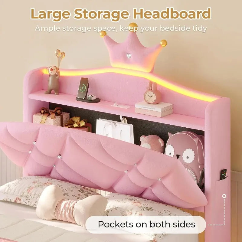 Pink Upholstered Twin Bed Frame with LED Lights & Charging Station for Girls Bedroom