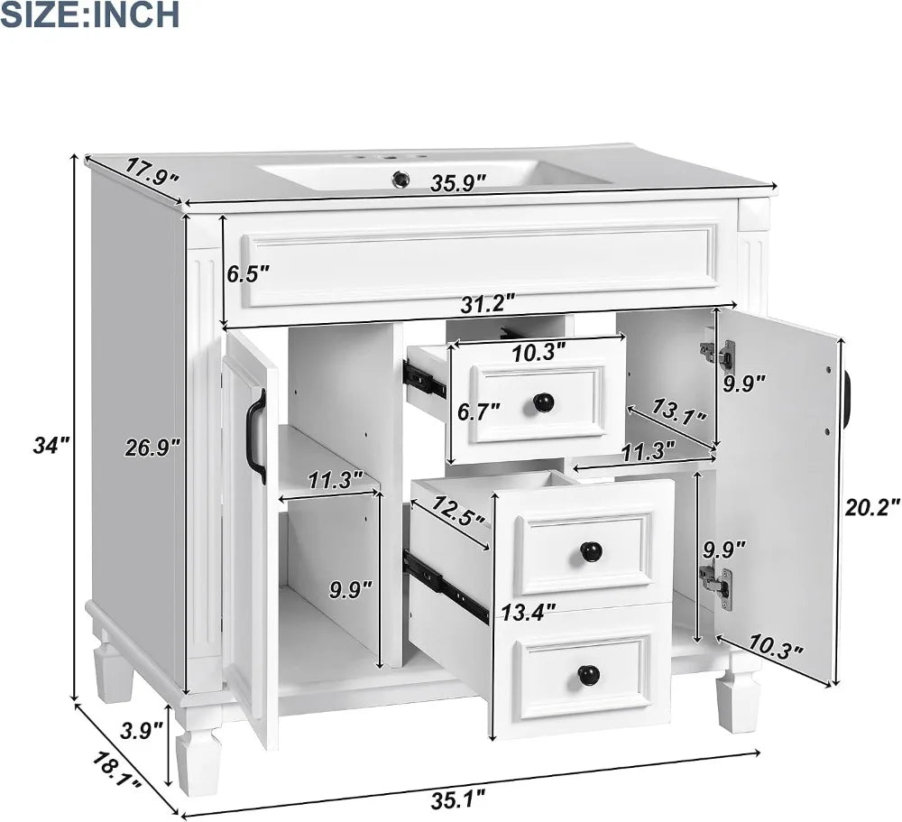 36'' Bathroom Vanity with Ceramic Sink, 2 Doors 2 Drawers