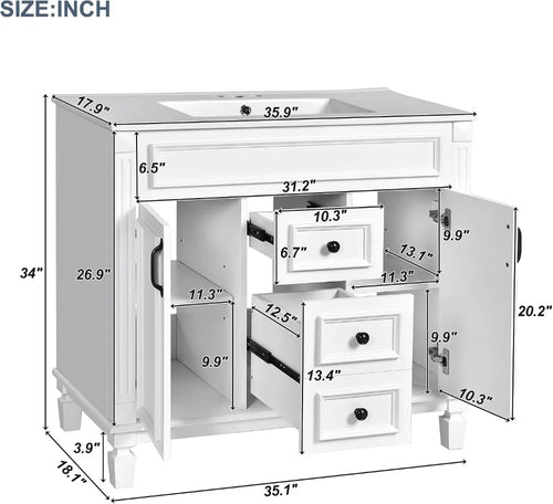 36'' Bathroom Vanity with Ceramic Sink, 2 Doors 2 Drawers