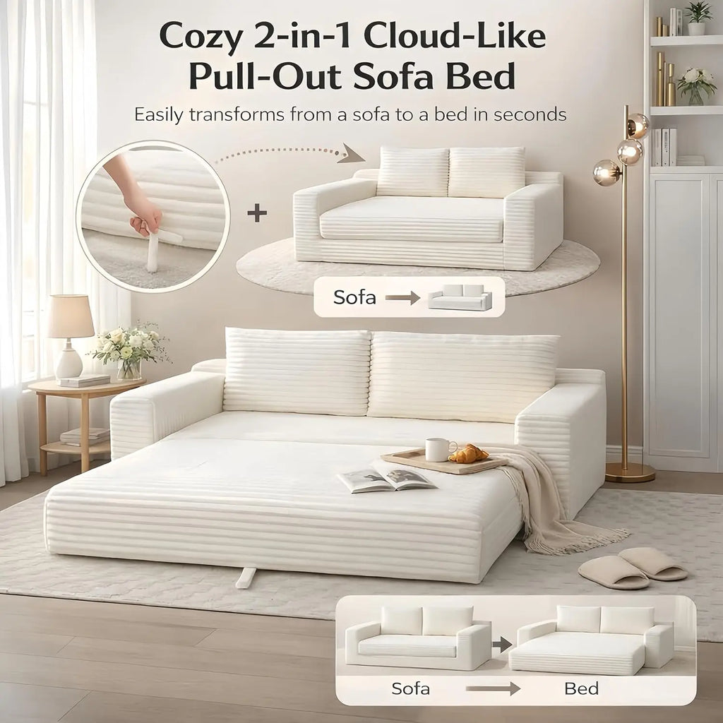 73" Convertible Sleeper Sofa, Comfy Corduroy Foldable Sofa Bed with 2 Pillows