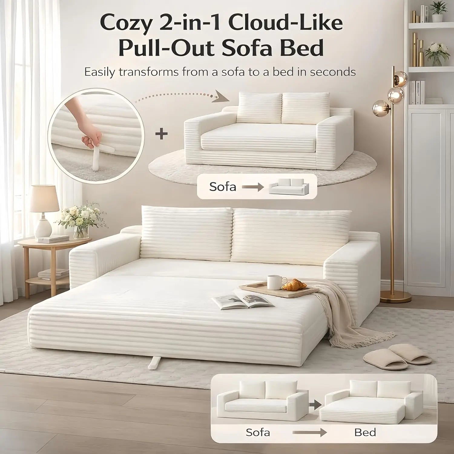 73" Convertible Sleeper Sofa, Comfy Corduroy Foldable Sofa Bed with 2 Pillows