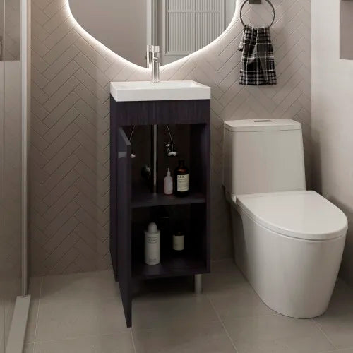 Independent bathroom vanity with one door, two shelves