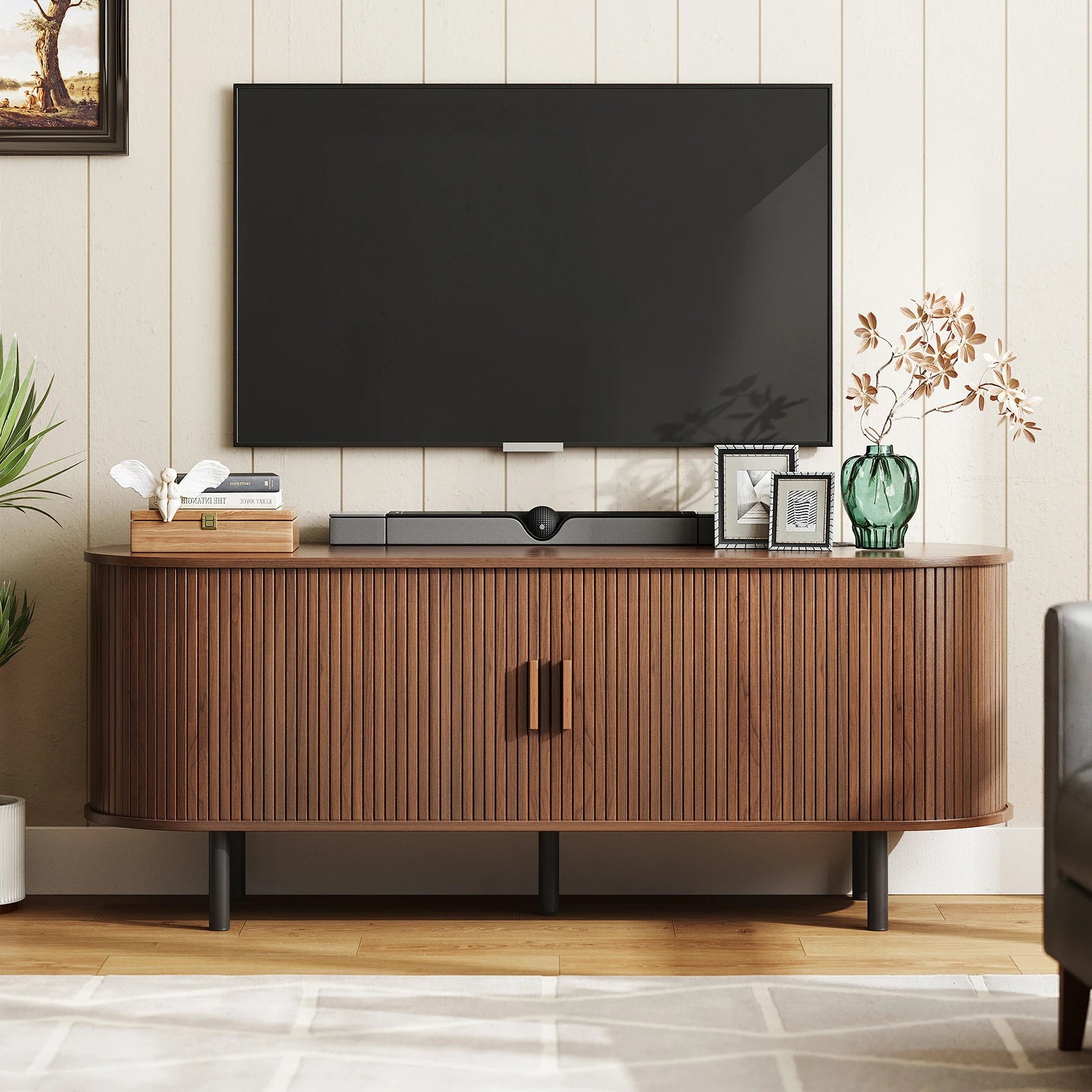 TV Stand, Power Outlet, 60/70",TV, Sliding Doors, Adjustable Shelves