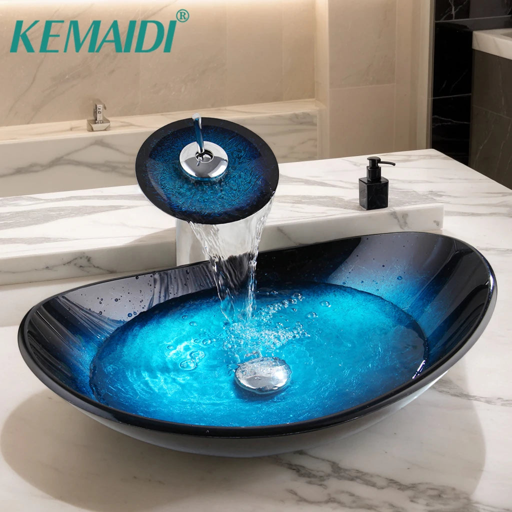 Oval Blue Bathroom Vessel Sinks With Faucet