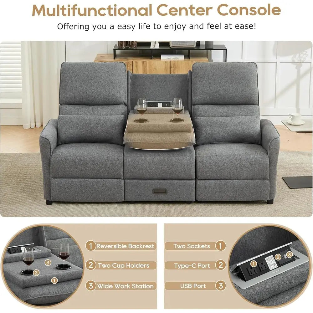 74'' RV 3 Seater Recliner Soa, Linen abric Three Camper Couch 3 Seater Recliner, Home Movie Theater Seating Chair, 3 Person Push
