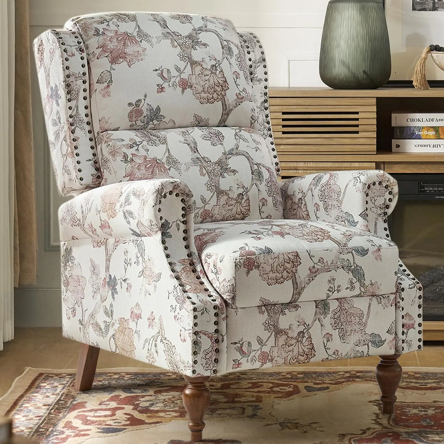 Floral Upholstered Pushback Recliner Wingback Accent Chair