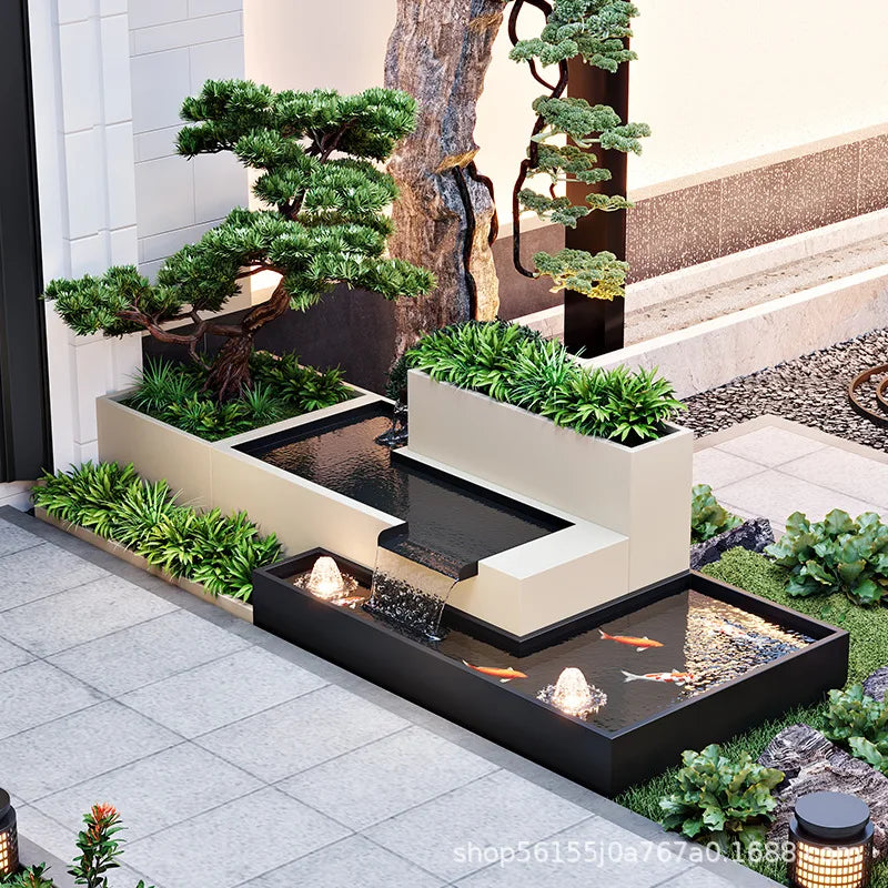 Outdoor flowing water, garden, fish pond, flower bed
