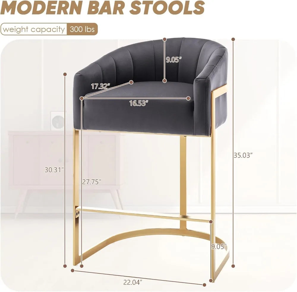 27" Counter Height Bar Stools Set of 2, Gold Velvet Barrel Stools with Back, Gray