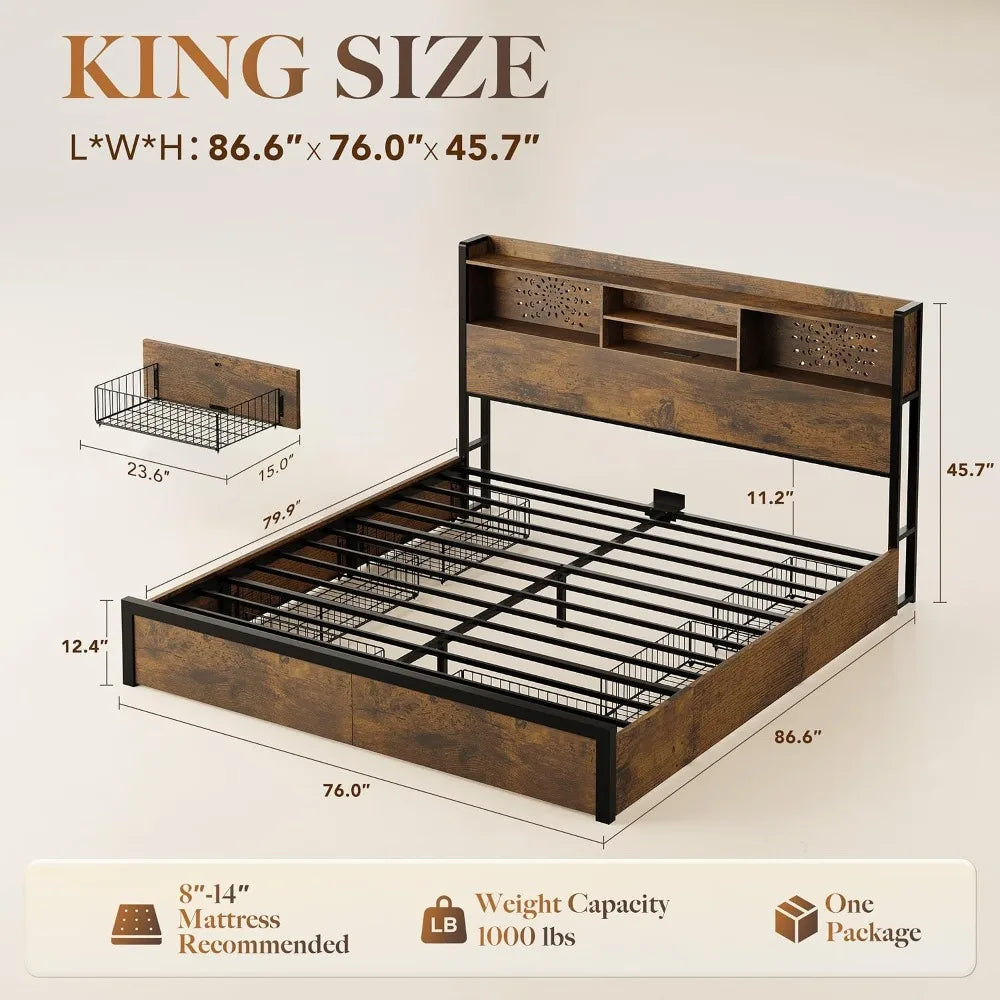 King Bed Frame with 6 Storage Drawers and Carving Headboard,