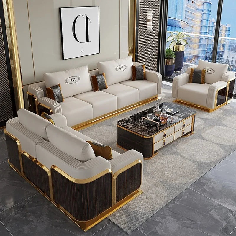 Modern Luxury Leather with Wooden Sofa Set