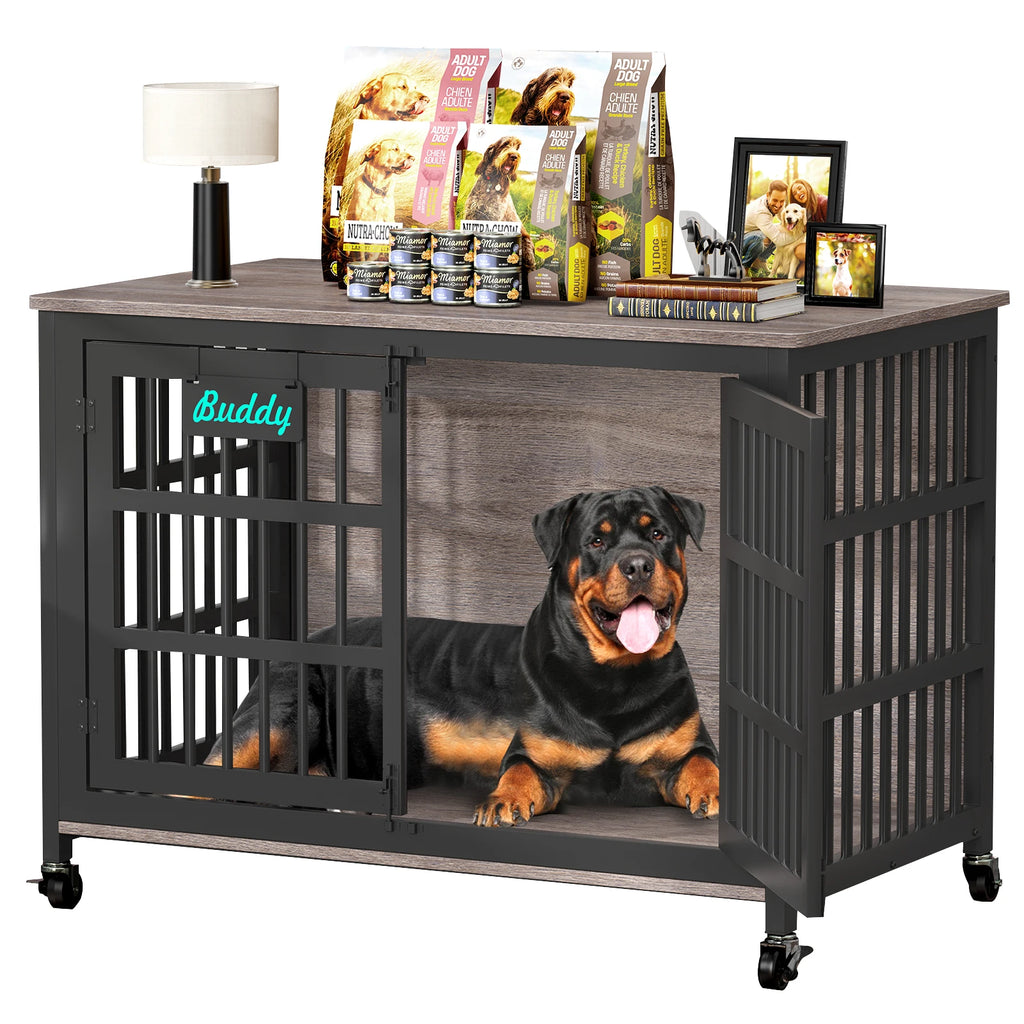 Dog Crate Furniture with Casters, Heavy Duty Dog Kennel