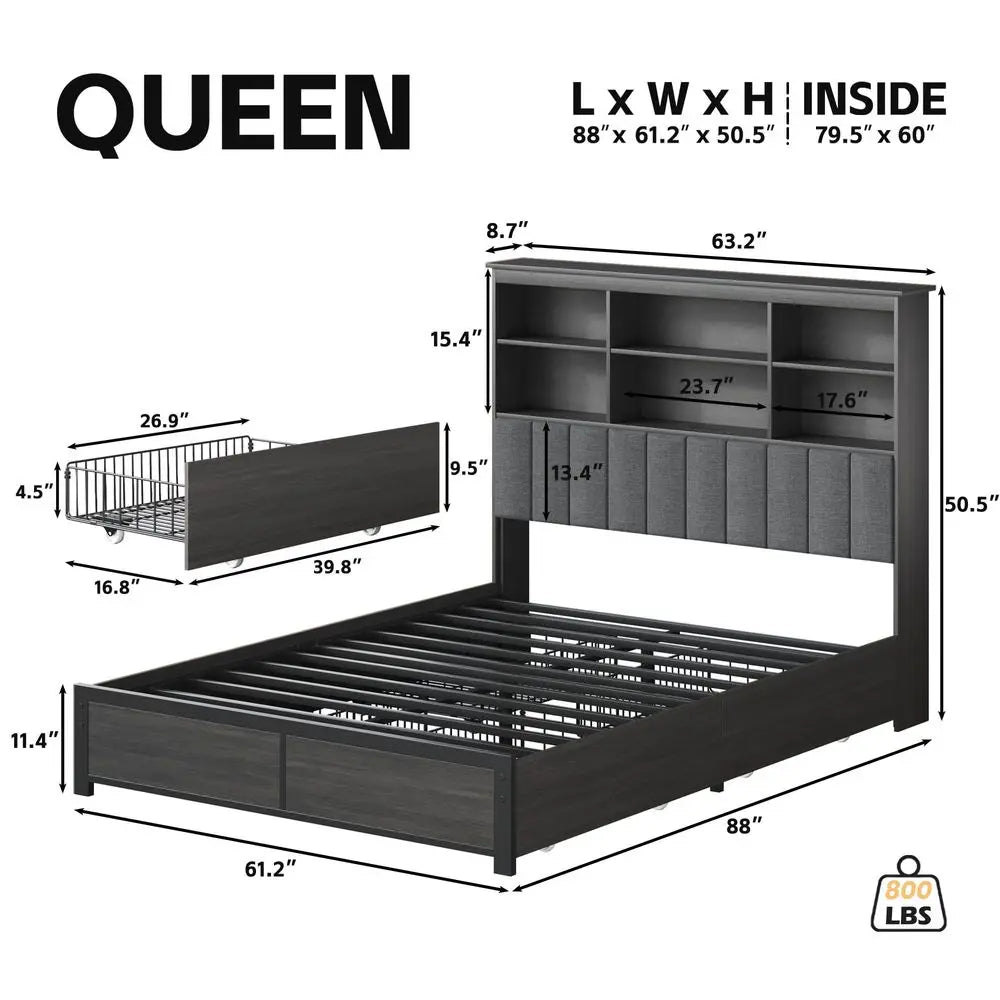 Queen Bed Frame with Storage Headboard, Wooden Bed with High Storage Bookcase, Ship in 2 Boxes, 4 Drawers amp LED amp Charging